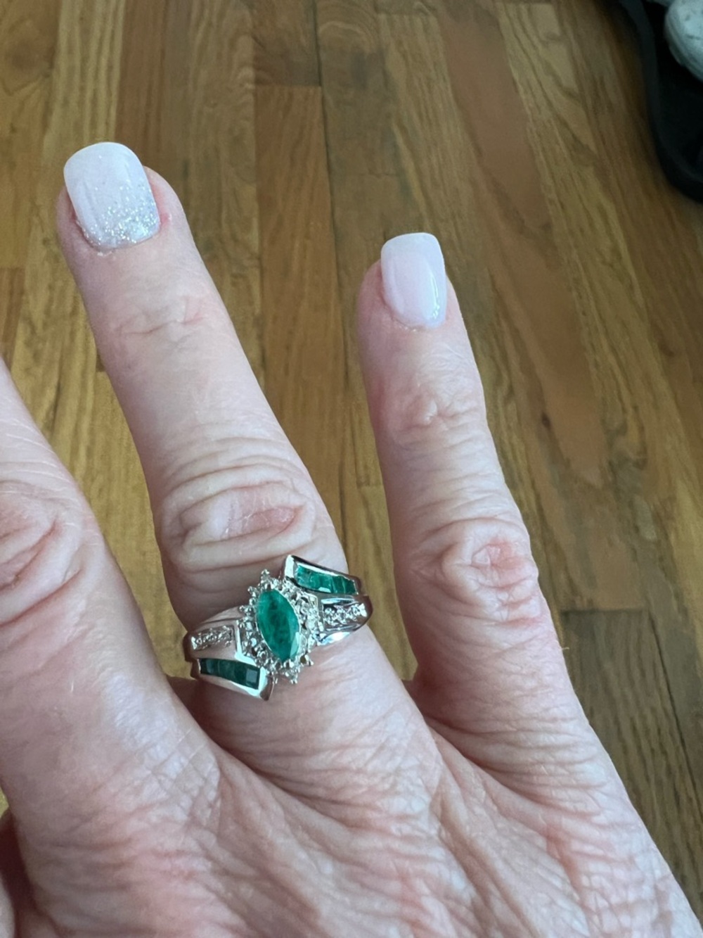 Macy's Sterling Silver Marquise Emerald-Tone Ring with Green Inlay - Picture 3 of 10